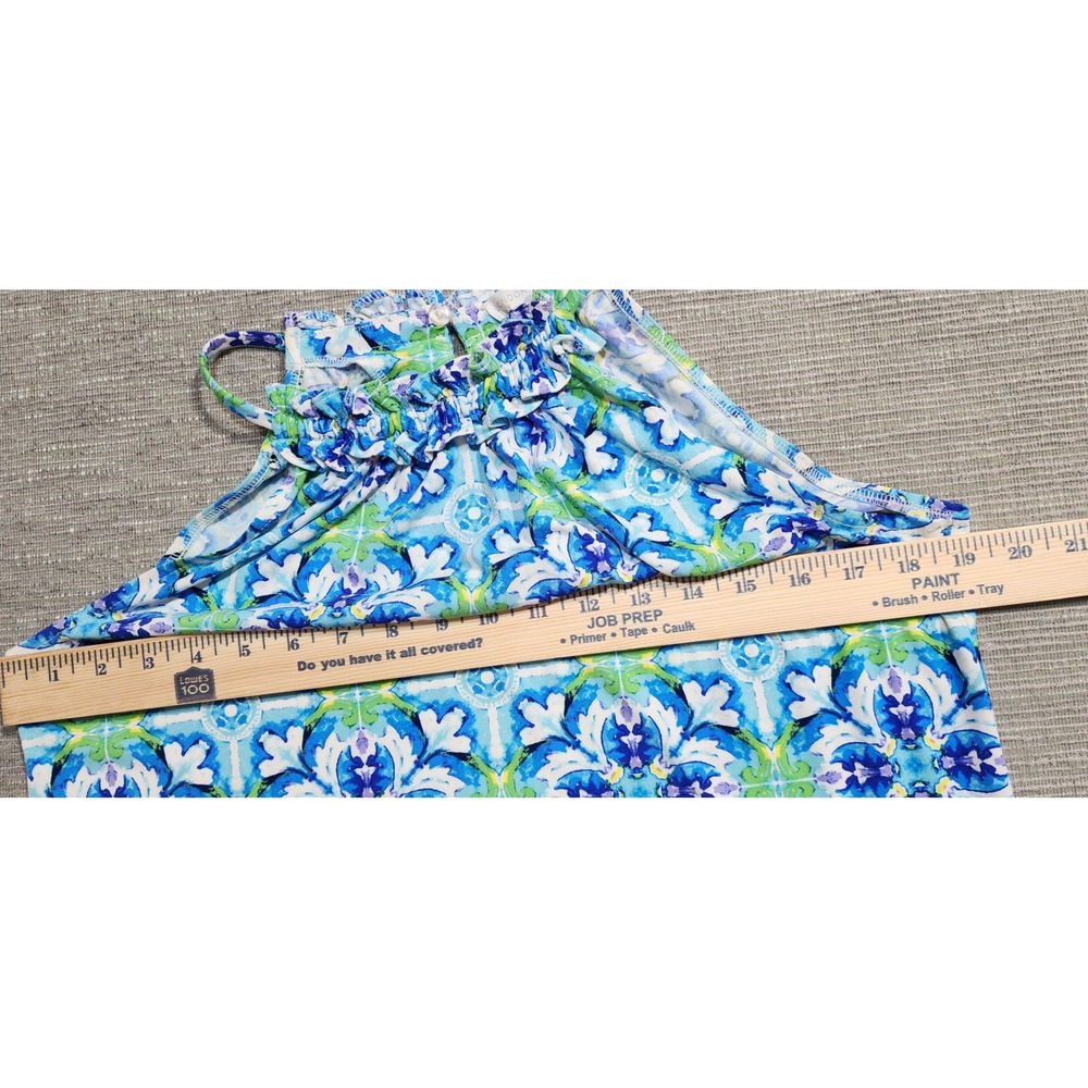 London Times Blue Green Tile Print Ruffle Halter Shift Dress Womens Size 6 - Picture 6 of 11
